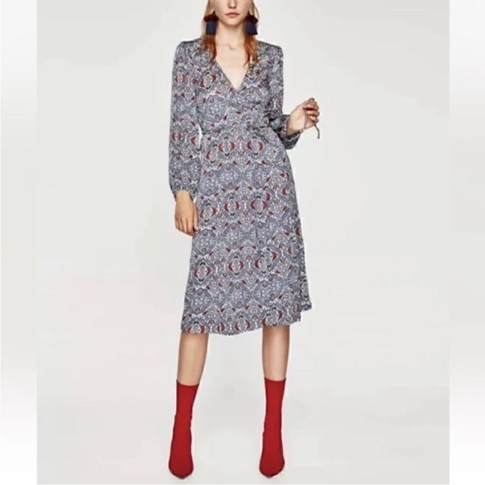 Zara Floral Jacquard Paisley Long Sleeve Wrap Midi Dress